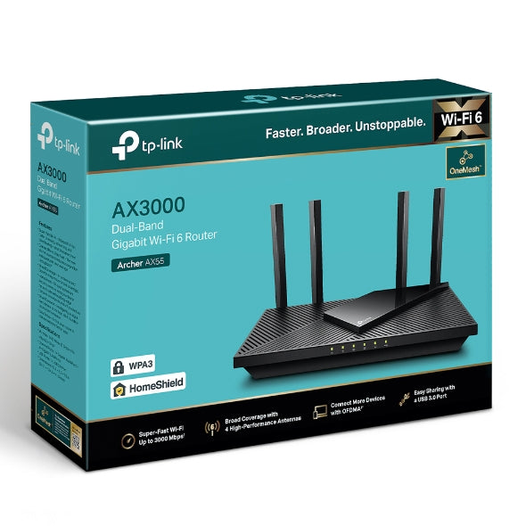 TP-Link Archer AX55 AX3000 Dual Band Gigabit Wi-Fi 6 Router OneMesh WPA3